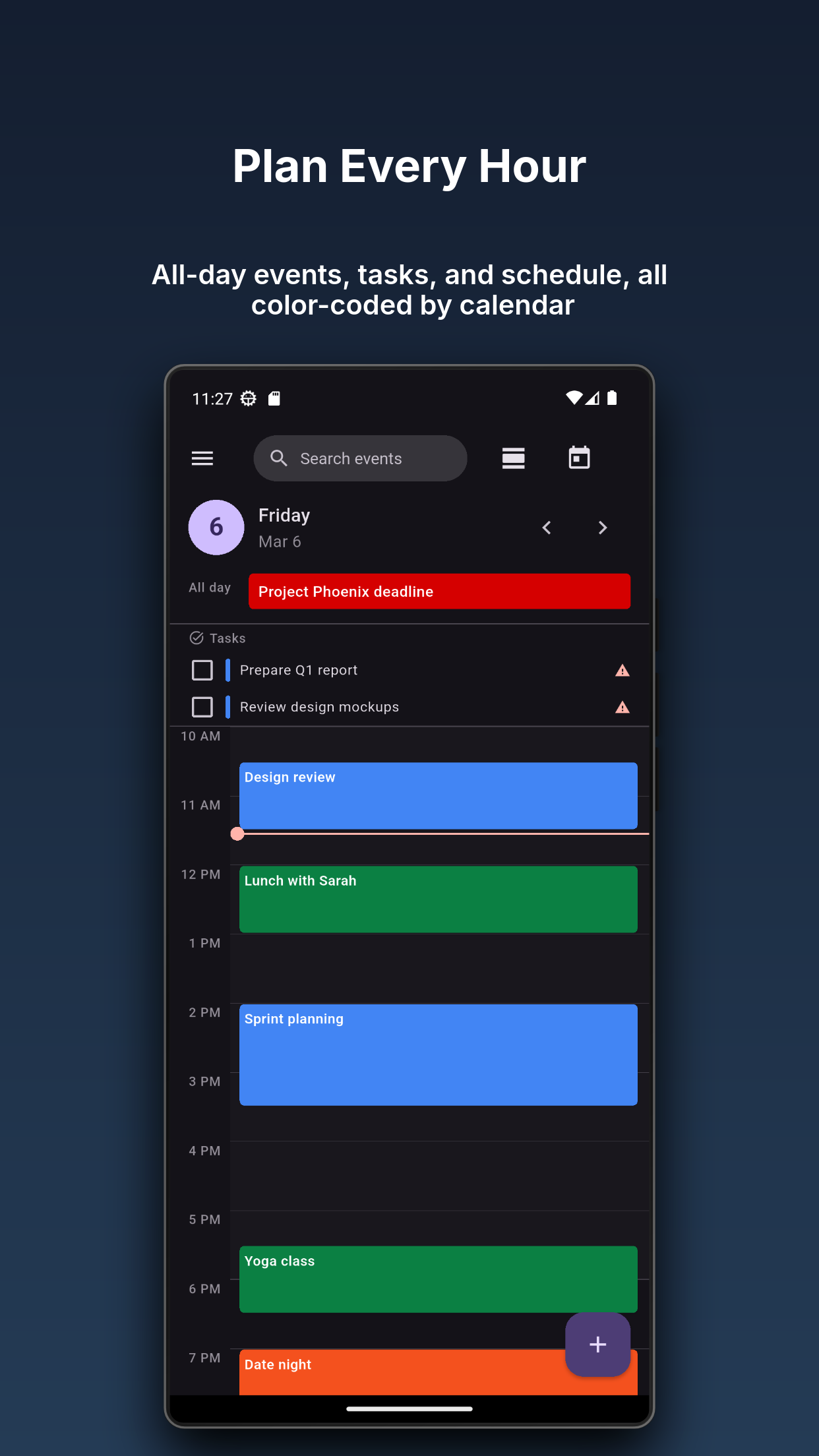 Day view with color-coded events