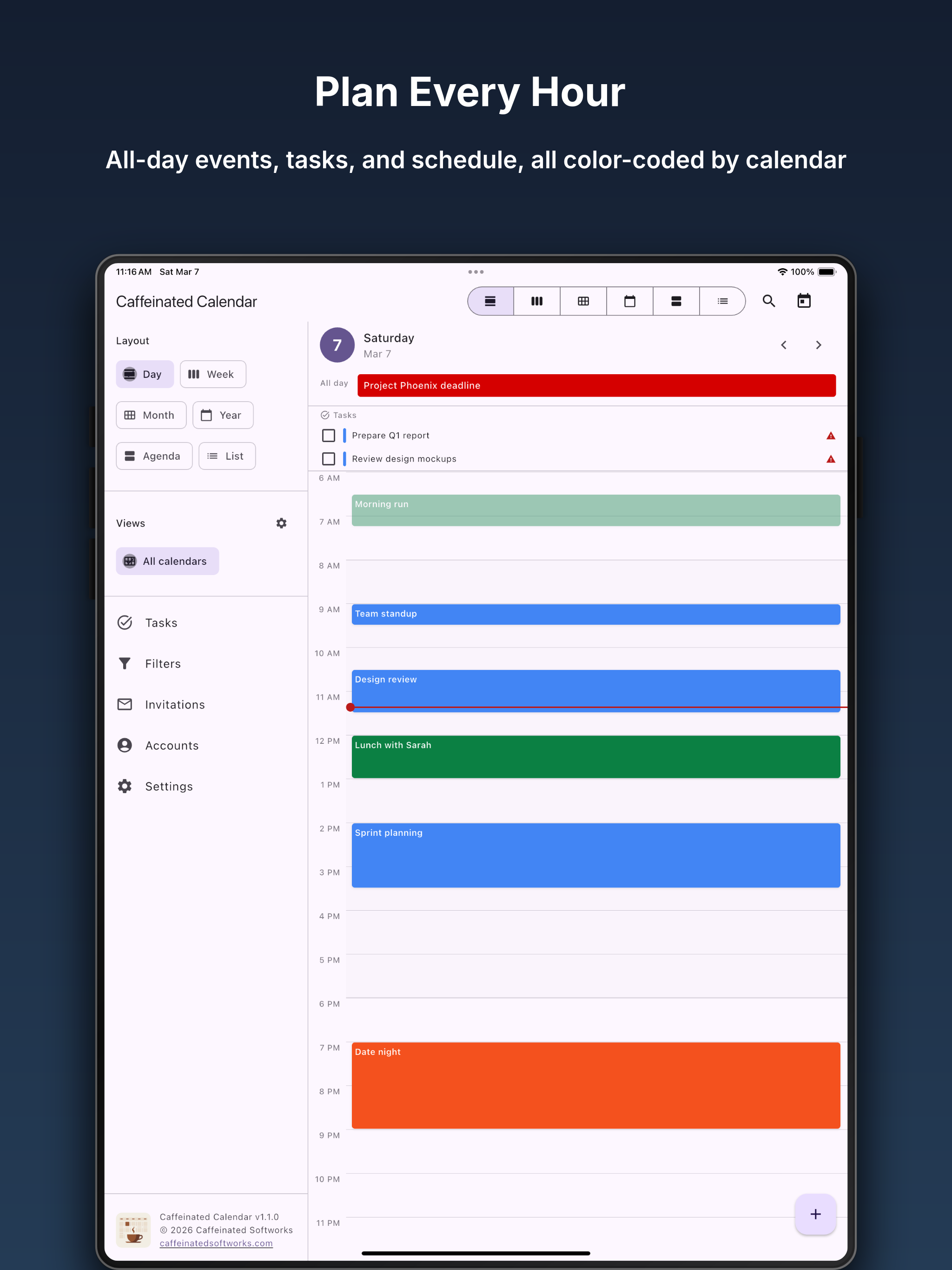 Day view on iPad with color-coded events