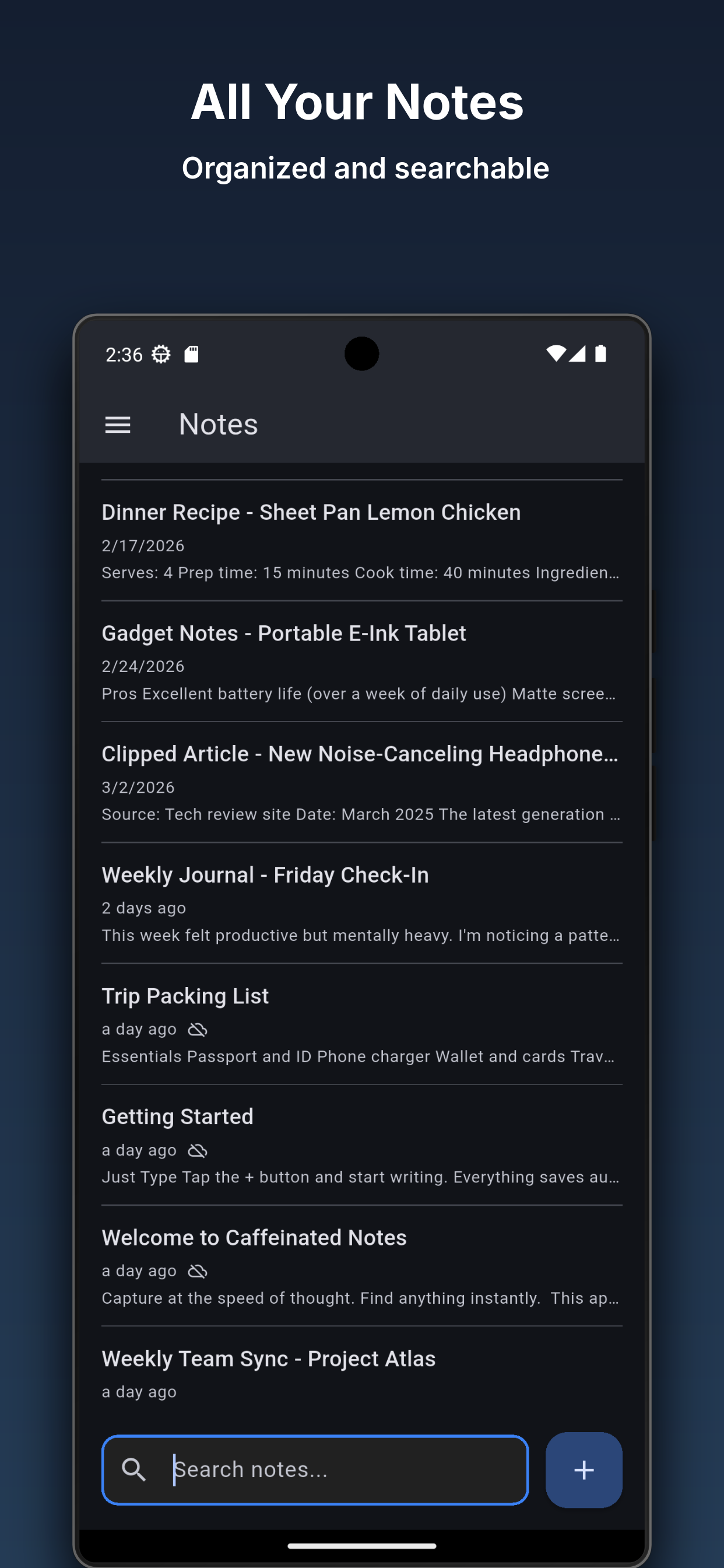 Notes list organized and searchable