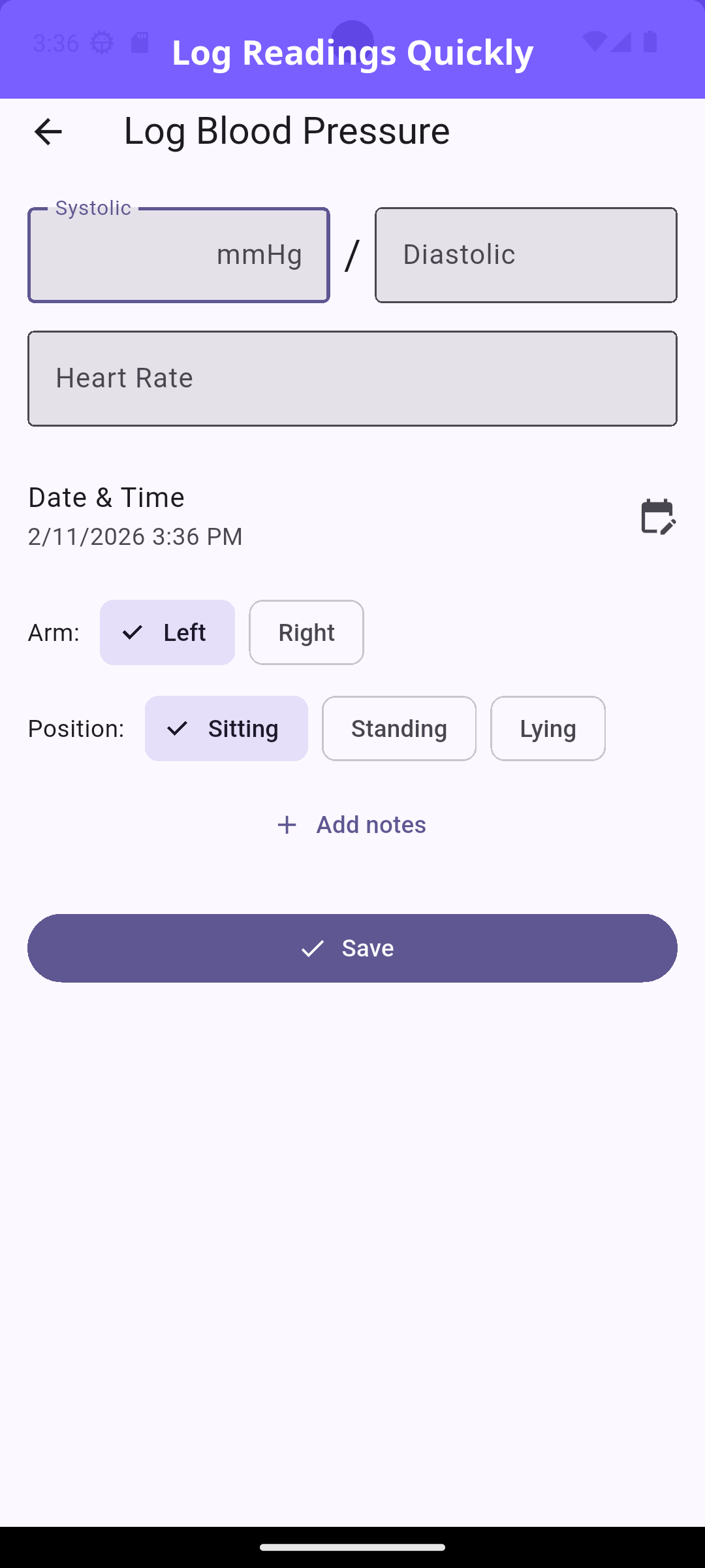 Quick entry for new readings